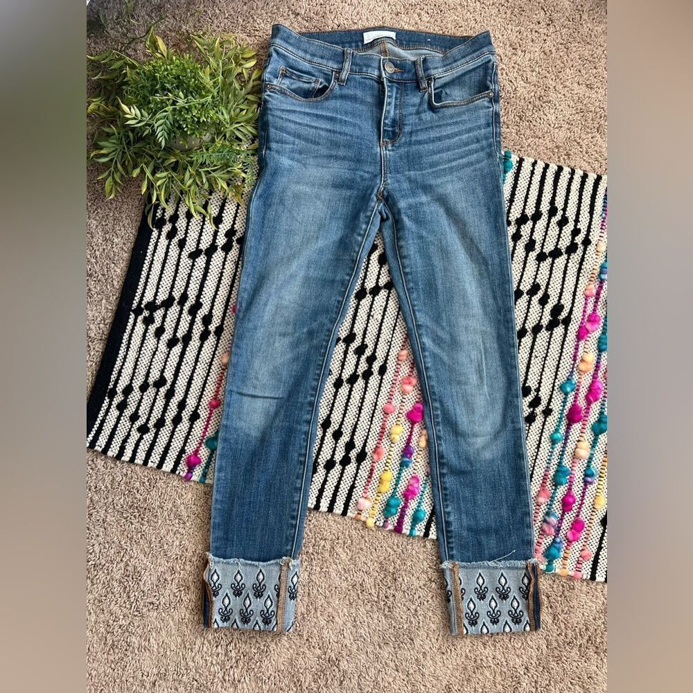 Ann Taylor Loft Blue Skinny Crop Ankle Jeans With Cuffed Hem Embroidery Sz 27/4